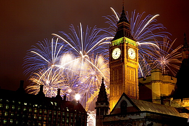 New Year fireworks and Big Ben, Houses of Parliament, Westminster, London, England, United Kingdom, Europe