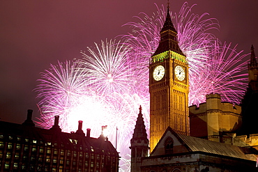 New Year fireworks and Big Ben, Houses of Parliament, Westminster, London, England, United Kingdom, Europe