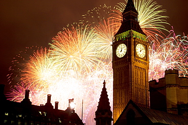 New Year fireworks and Big Ben, Westminster, London, England, United Kingdom, Europe