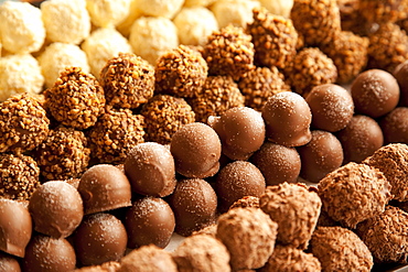 Rows of chocolates in a French cafe, France, Europe