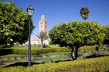 Koutoubia Mosque Minaret and Librairie Municipal, Marrakesh, Morocco, North Africa, Africa