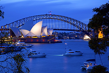 Opera House and Harbour Bridge from Mrs Macquarie's Chair at Dusk, Sydney, New South Wales, Australia, Oceania