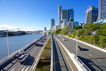 City Skyline and Pacific Motorway from Victoria Bridge, Brisbane, Queensland, Australia, Oceania