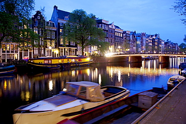 Canal boat and architecture, Amsterdam, Holland, Europe