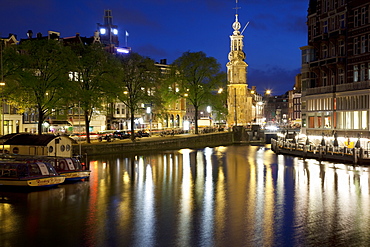 Munttoren and canal at dusk, Amsterdam, Holland, Europe