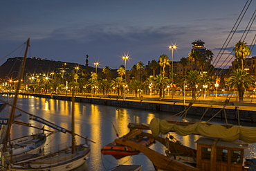 Port Vell at dusk , Barcelona, Catalonia, Spain, Europe