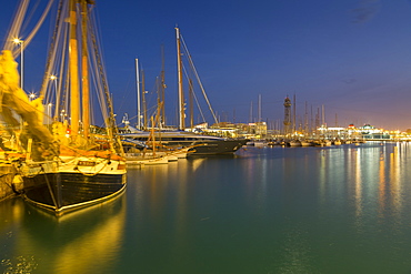 Port Vell at dusk , Barcelona, Catalonia, Spain, Europe