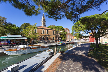 Canal and leaning tower, Burano, Veneto, Italy, Europe