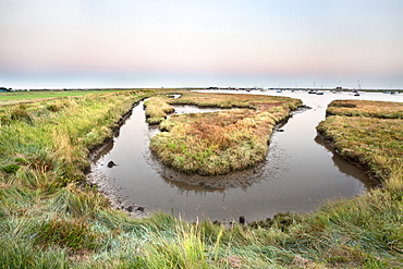 High tide at dusk, Aldeburgh Marshes, Suffolk, England, United Kingdom, Europe