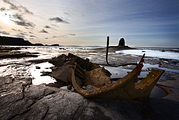 Old wreck and Black Nab at Saltwick Bay, near Whitby, North Yorkshire, Yorkshire, England, United Kingdom, Europe