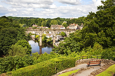 Castle Grounds Viewpoint looking toward Knaresborough Viaduct and River Nidd, Knaresborough, North Yorkshire, Yorkshire, England, United Kingdom, Europe