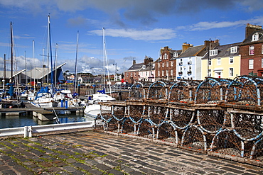 Lobster pots on the Quayside at the Harbour in Arbroath, Angus, Scotland, United Kingdom, Europe