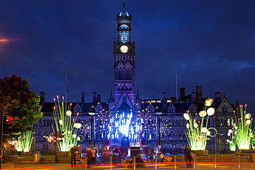 City Hall and Garden of Light Display in Centenary Square, Bradford, West Yorkshire, Yorkshire, England, United Kingdom, Europe