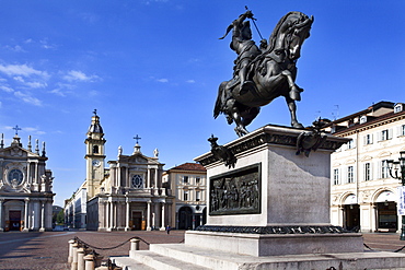 Emanuele Filiberto Statue and Santa Cristina and San Carlo Churches in Piazza San Carlo, Turin, Piedmont, Italy, Europe