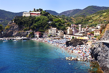 The Old Town Beach at Monterosso al Mare from the Cinque Terre Coastal Path, Cinque Terre, UNESCO World Heritage Site, Liguria, Italy, Mediterranean, Europe