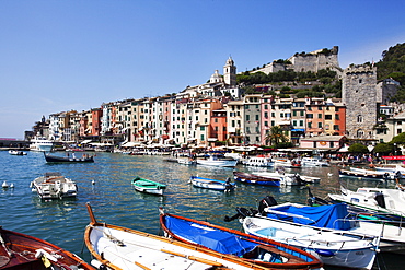 Colourful painted buildings by the Marina at Porto Venere, Cinque Terre, UNESCO World Heritage Site, Liguria, Italy, Mediterranean, Europe