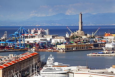 The Lanterna , the oldest working lighthouse in the world, from Castelletto Viewpoint, Genoa, Liguria, Italy, Europe