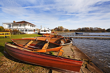 Boathouse Cafe and rowing boats at Hornsea Mere, East Riding of Yorkshire, Yorkshire, England, United Kingdom, Europe