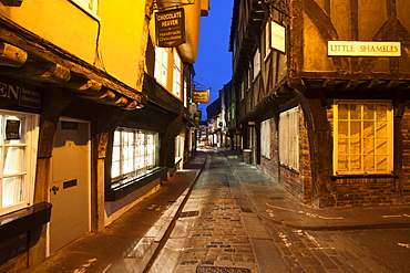 The Shambles at dusk, York, Yorkshire, England, United Kingdom, Europe