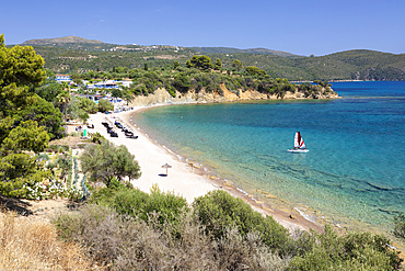 White sand beach with clear turquoise sea, Finikounda, Messenia, Peloponnese, Greece, Europe