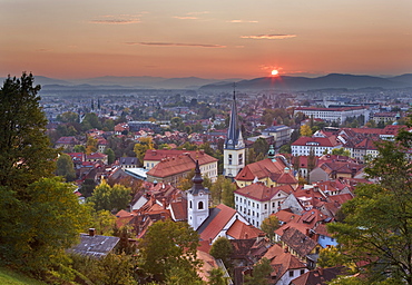 Sunset over the city of Ljubljana, Slovenia, Europe