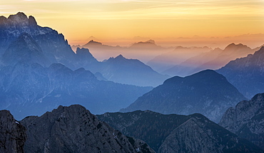 Sunset over the Julian Alps from Mangart, Goriska, Slovenia, Europe