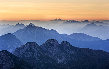 Sunset over the Julian Alps from Mangart, Goriska, Slovenia, Europe