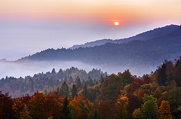 Mist over the Ljubljana Basin at sunrise in autumn, Central Slovenia, Slovenia, Europe