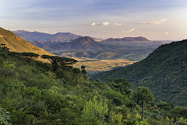 Looking down over the Ewaso Rongai Valley from the southern slopes of Mount Nyiru just before sunset, Northern Frontier, Kenya, East Africa, Africa