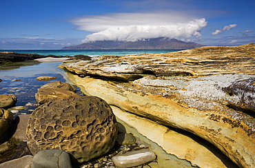 View across the Sound of Rum from the Singing Sands, Isle of Eigg, Inner Hebrides, Scotland, United Kingdom, Europe