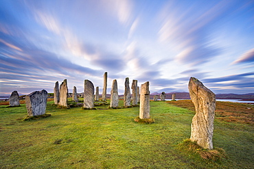 The Lewisian gneiss stone circle at Callanish on an early autumnal morning with clouds forming above, Isle of Lewis, Outer Hebrides, Scotland, United Kingdom, Europe