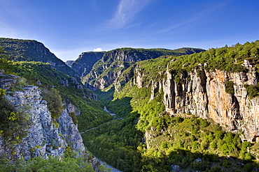 Looking down in the early evening onto the more open stretches of the Vikos Gorge, near Vitsa and the Misius Bridge in spring, Epirus, Greece, Europe