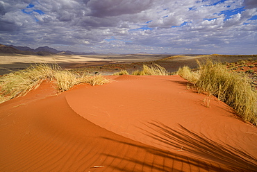 Brooding clouds over the vivid red dunes of NamibRand, Namib Desert, Namibia, Africa 