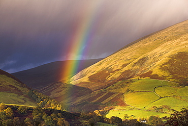 Rainbow on the foothills of Blencathra on a showery autumn afternoon, Lake District National Park, Cumbria, England, United Kingdom, Europe