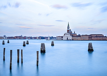 View from Zattere towards the Monastero di San Giorgio Maggiore at dusk, Venice, UNESCO World Heritage Site, Veneto, Italy, Europe