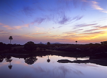 Sunrise over the lake at Fort Seengh Sagar in Rajasthan, India, Asia