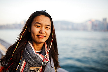 Portrait of young woman, Avenue of Stars, Tsim Sha Tsui Waterfront, Kowloon, Hong Kong, China, Asia