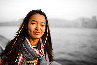 Portrait of young woman, Avenue of Stars, Tsim Sha Tsui Waterfront, Kowloon, Hong Kong, China, Asia