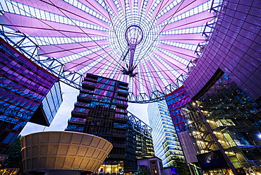 Central forum glass ceiling of the Sony Centre illuminated at night, Potsdamer Platz, Berlin, Germany, Europe