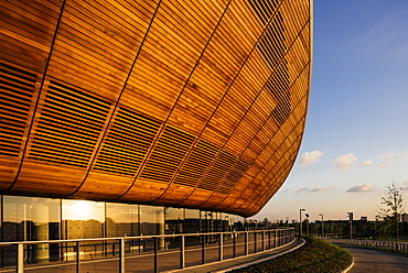 Evening light on exterior of The Velodrome, Queen Elizabeth Olympic Park, Stratford, London, England, United Kingdom, Europe