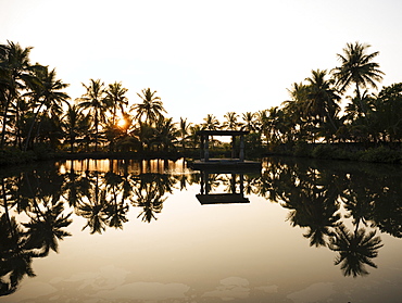 View of lake at sunset, backwaters near North Paravoor, Kerala, India, South Asia