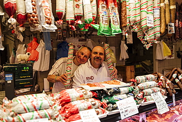 Detail of salami stall, Central Market Hall, Budapest, Hungary, Europe