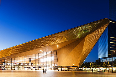 Exterior of Rotterdam Central Station at night, Rotterdam, Netherlands, Europe