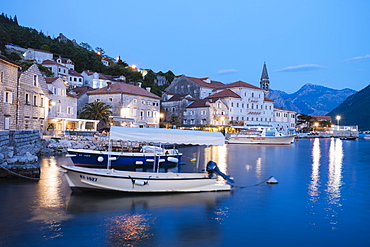 Perast at twilight, Bay of Kotor, UNESCO World Heritage Site, Montenegro, Europe