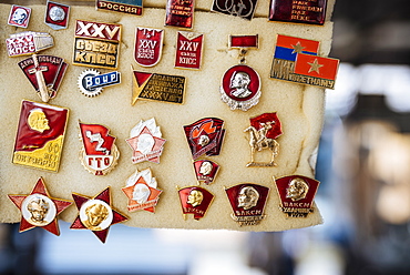 Souvenir Communist badges for sale, Riga Central Market, Riga, Latvia, Baltic States, Europe