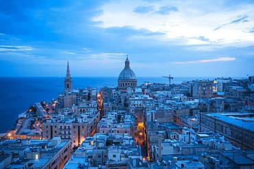 Aerial view of Valletta skyline at night, Valletta, Malta, Europe