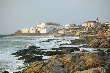 View of coast and Cape Coast Castle, Cape Coast, Ghana, Africa