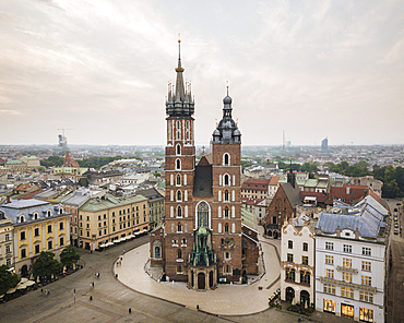 Aerial view of The Church of Saint Mary in Rynek Glowny (Market Square), UNESCO World Heritage Site, Krakow, Malopolskie, Poland, Europe