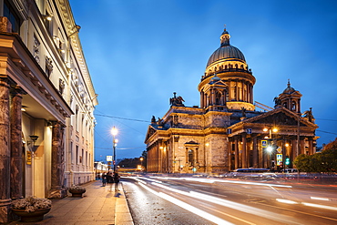 Exterior of St. Isaac's Cathedral at night, UNESCO World Heritage Site, St. Petersburg, Leningrad Oblast, Russia, Europe