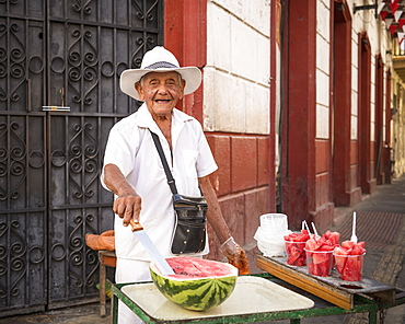 Portrait of Sandia the watermelon seller, Getsemani Barrio, Cartagena, Bolivar Department, Colombia, South America